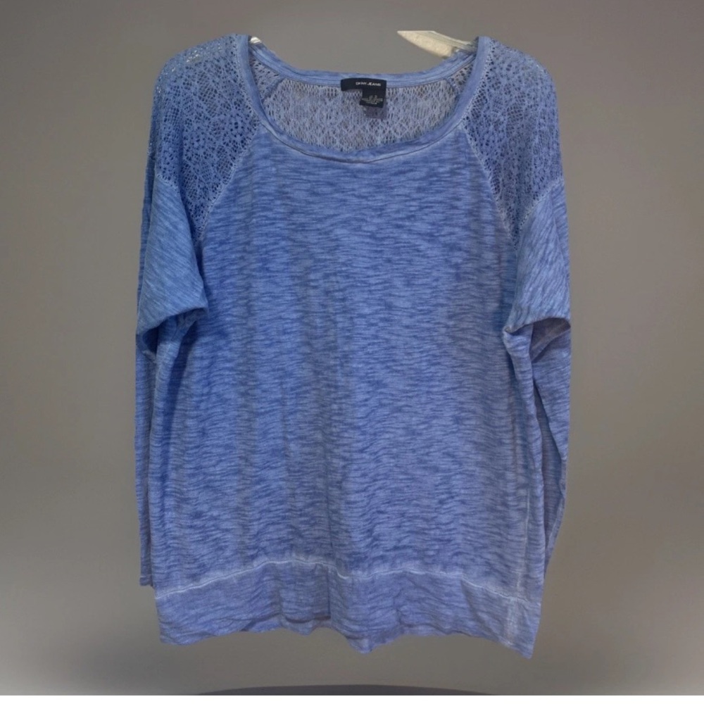 DKNY Jeans Blue Knit Top Crochet Detail Long Sleeve Casual Comfy Medium